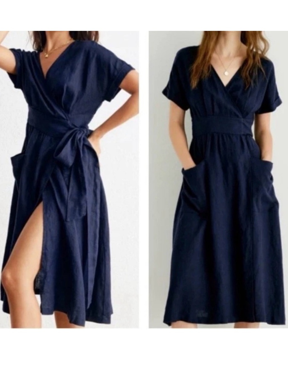 NWT Grae Cove Frankie Linen Navy Blue  V-neck Wrap  Midi Dress. Size Small